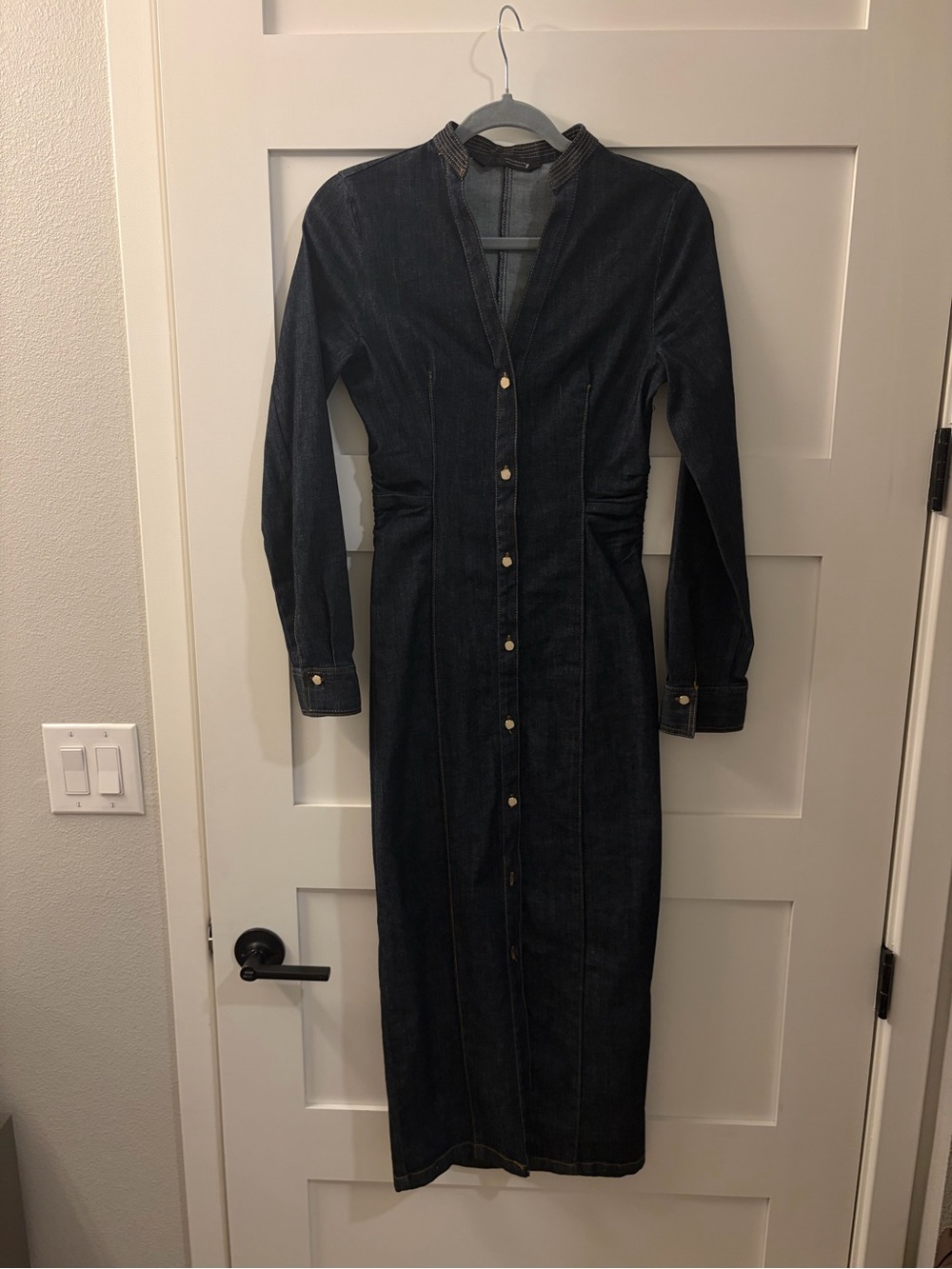 Zara Dark Blue Long-Sleeve Button-Front Denim Dress